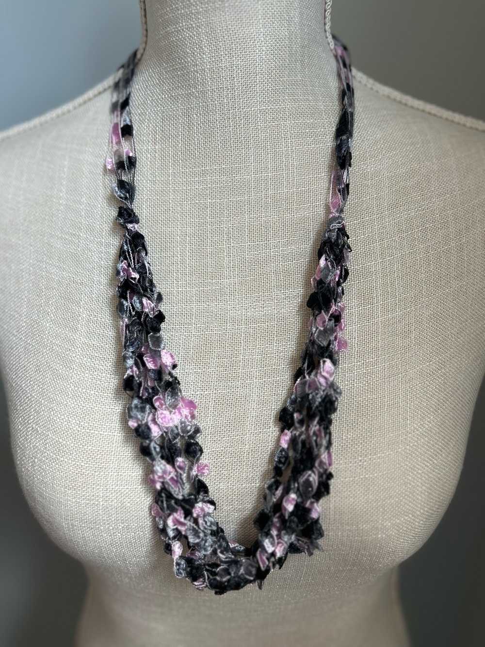 Delicate Pink and Black Crochet Ladder Ribbon Necklace